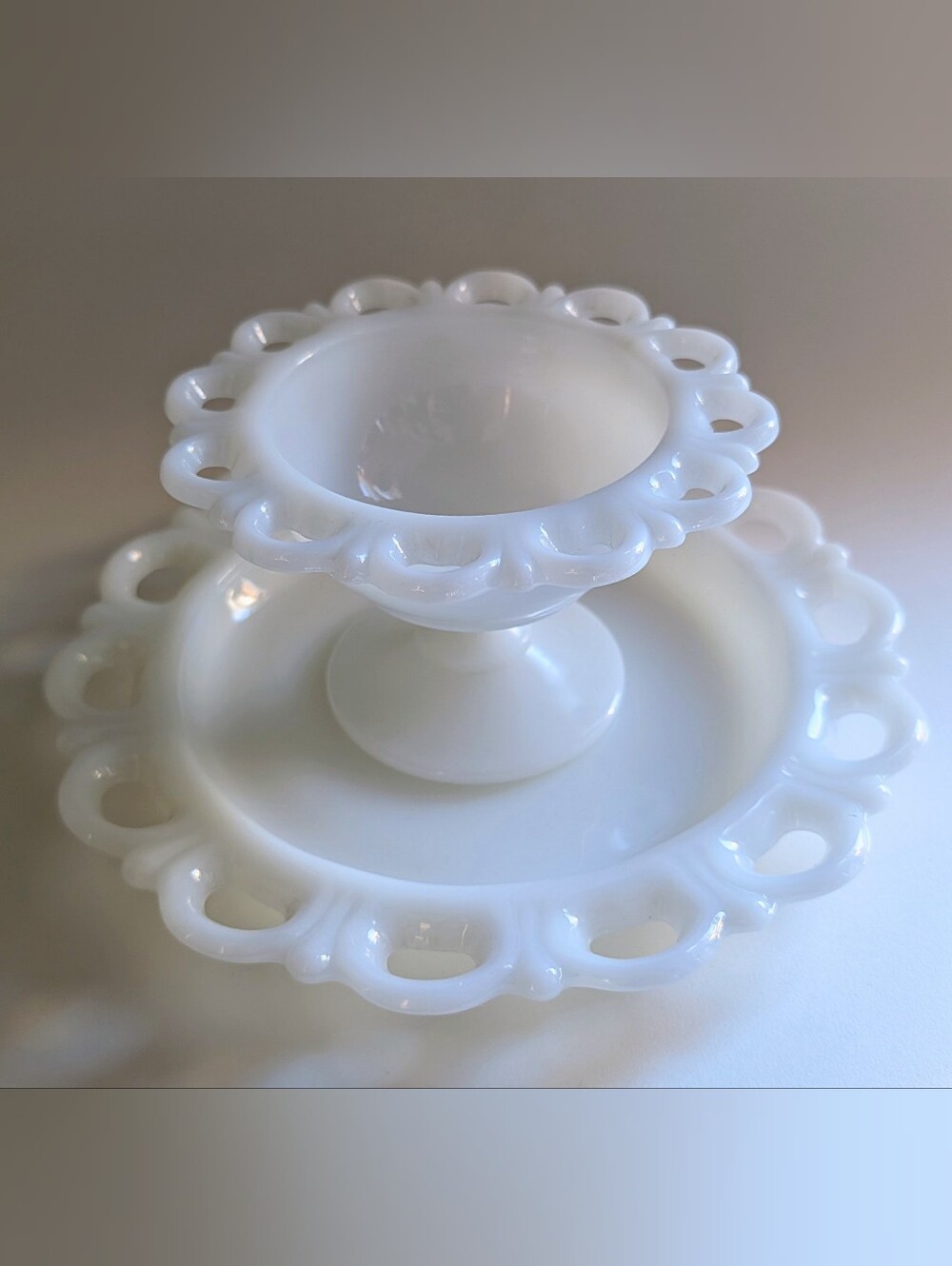 50s Vintage Milk Glass Set - Scalloped Pedestal Bowl and Plate